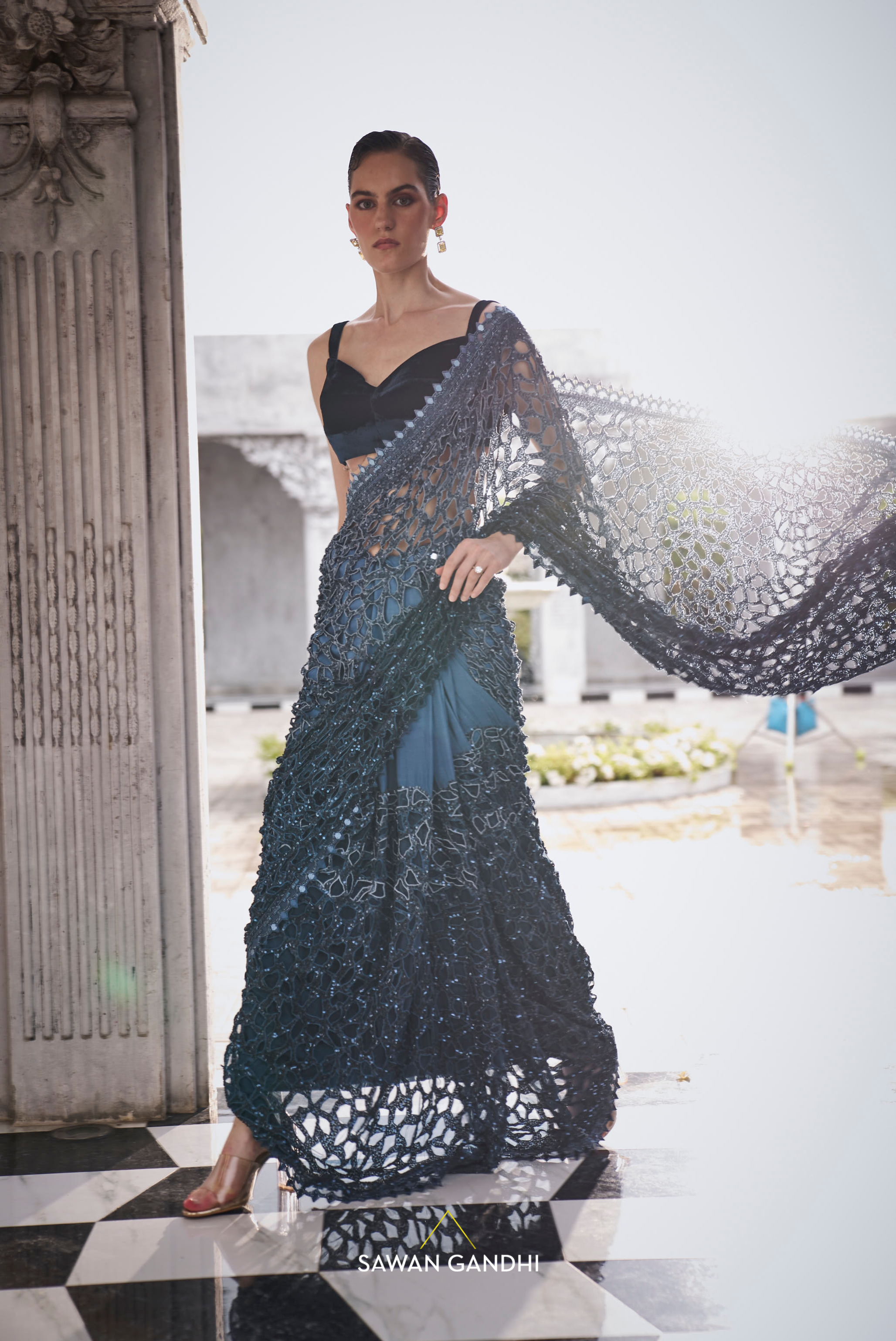 Blue ombre cutwork saree