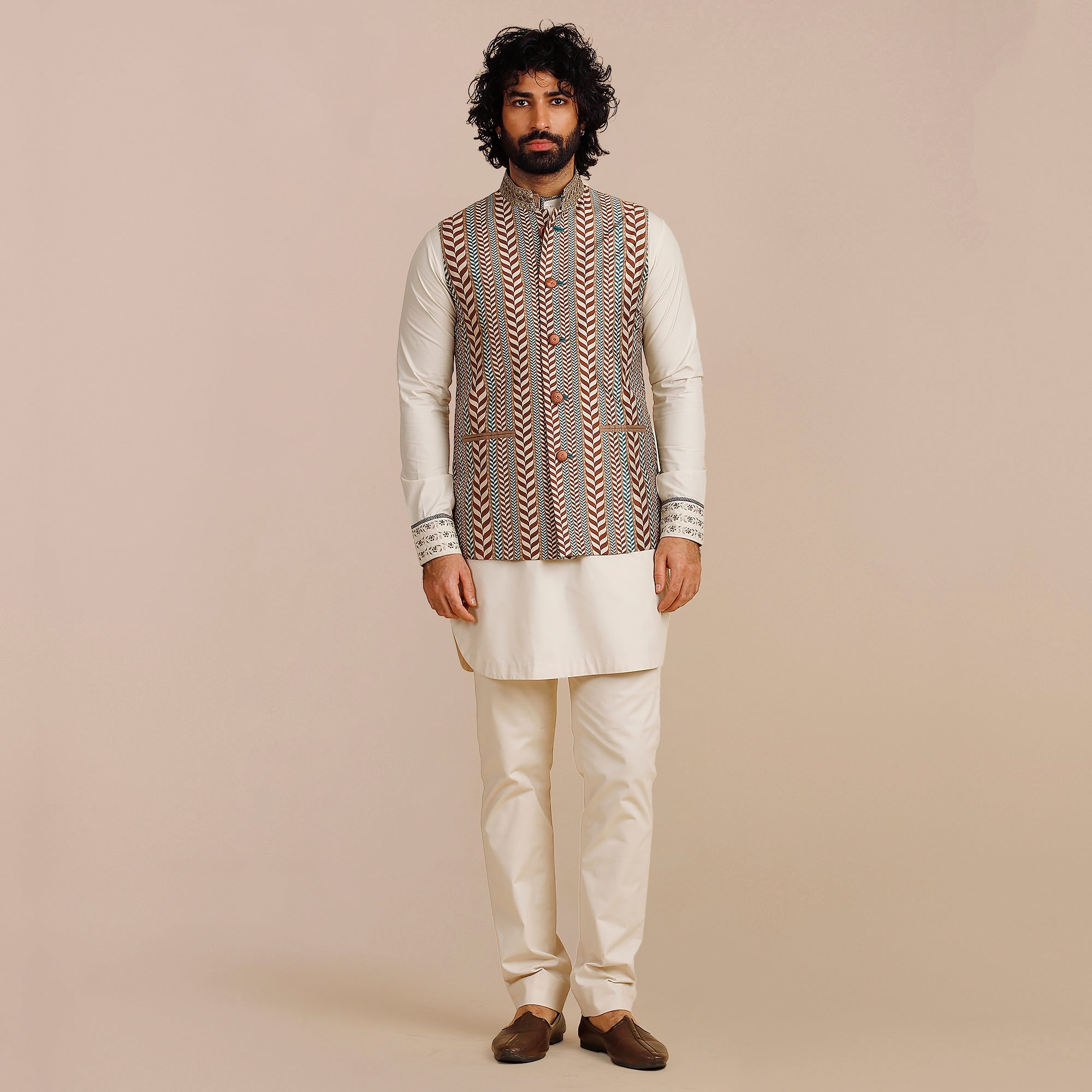 Rust Orange - Ivory Chevron Nehru Jacket | SATT