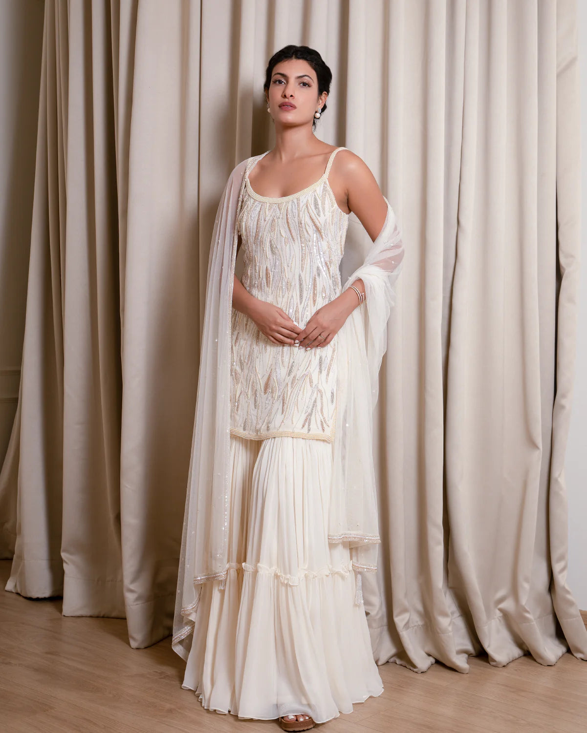Ivory Sharara Set with Rosegold Embroidery