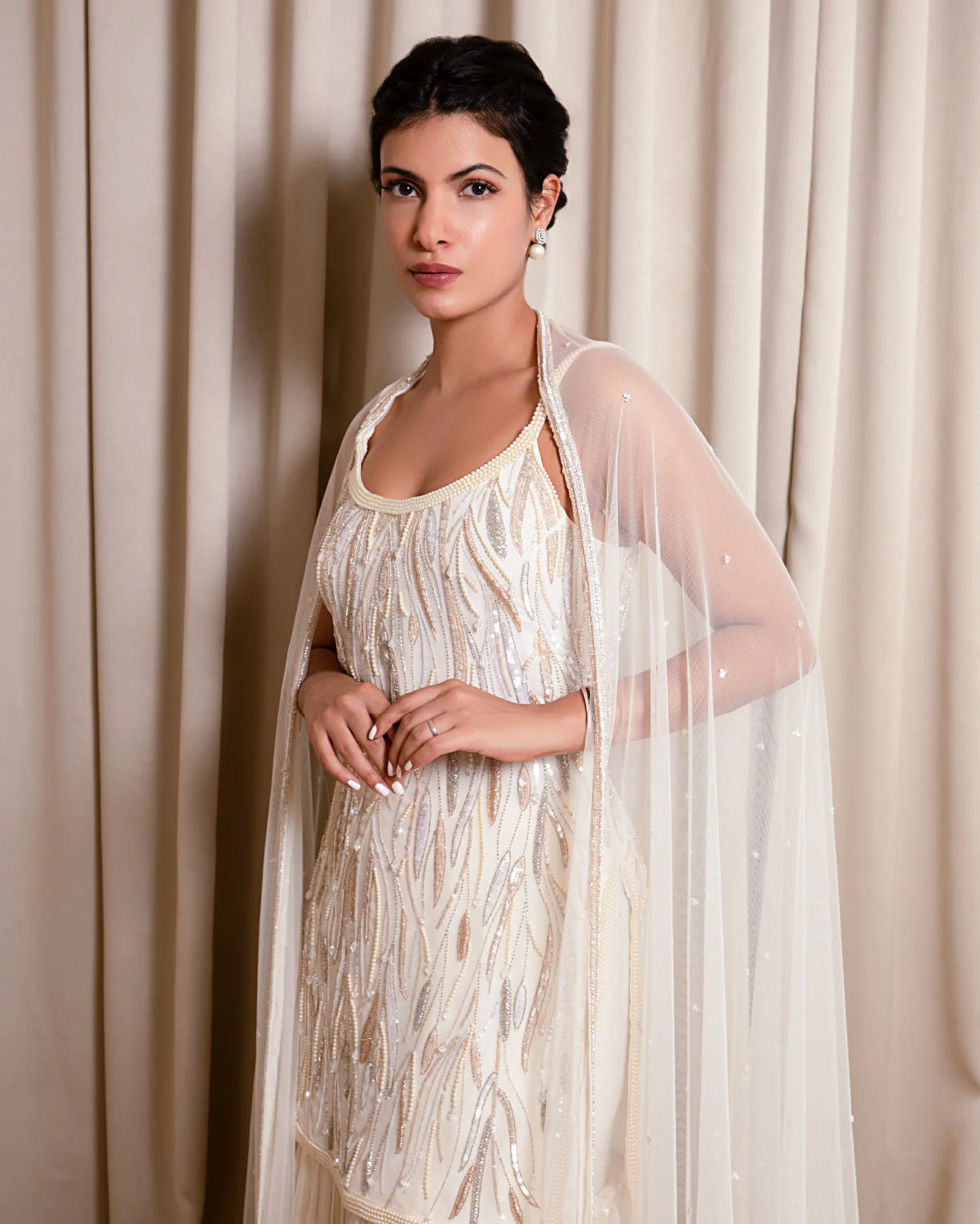 Ivory Sharara Set with Rosegold Embroidery