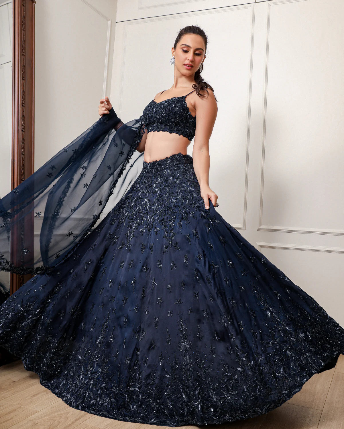 Midnight Blue Leafy Lehenga