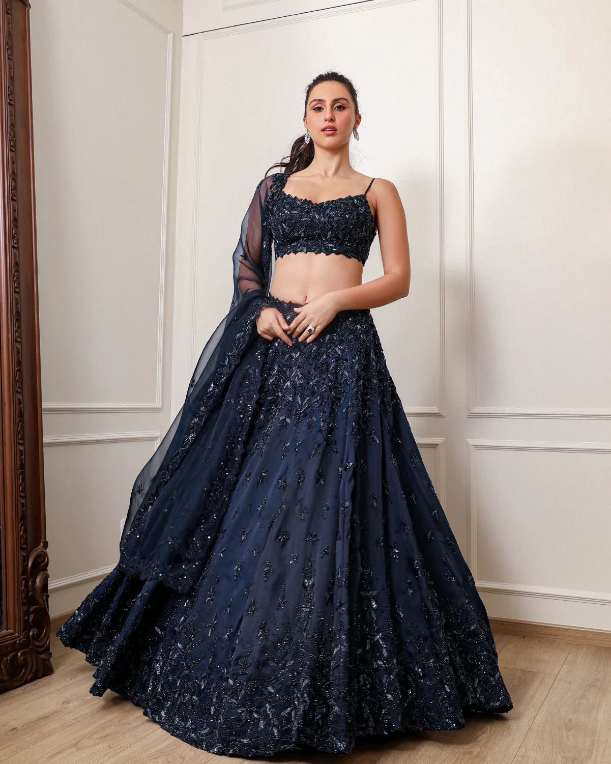 Midnight Blue Leafy Lehenga