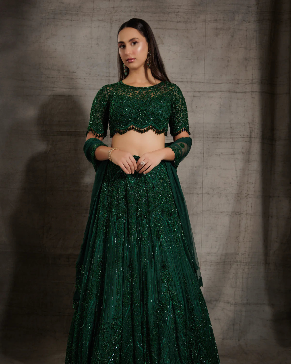 Emerald Green Self Embroidered Lehenga