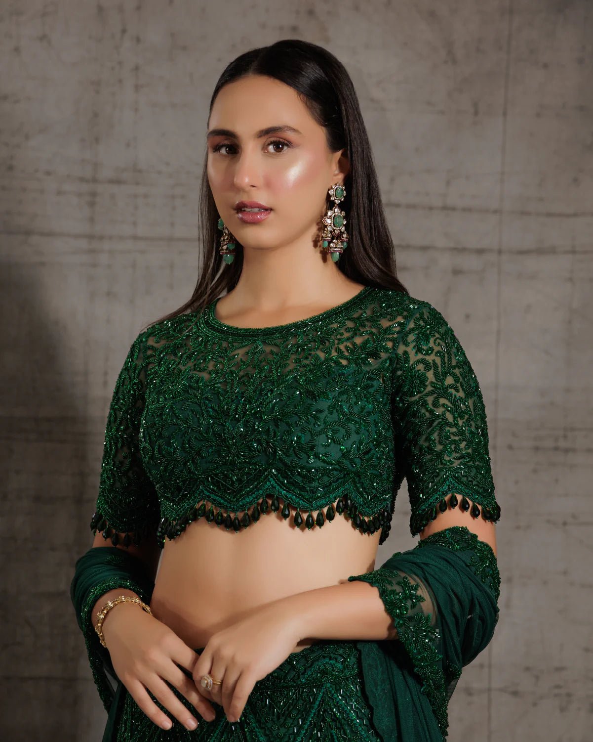 Emerald Green Self Embroidered Lehenga