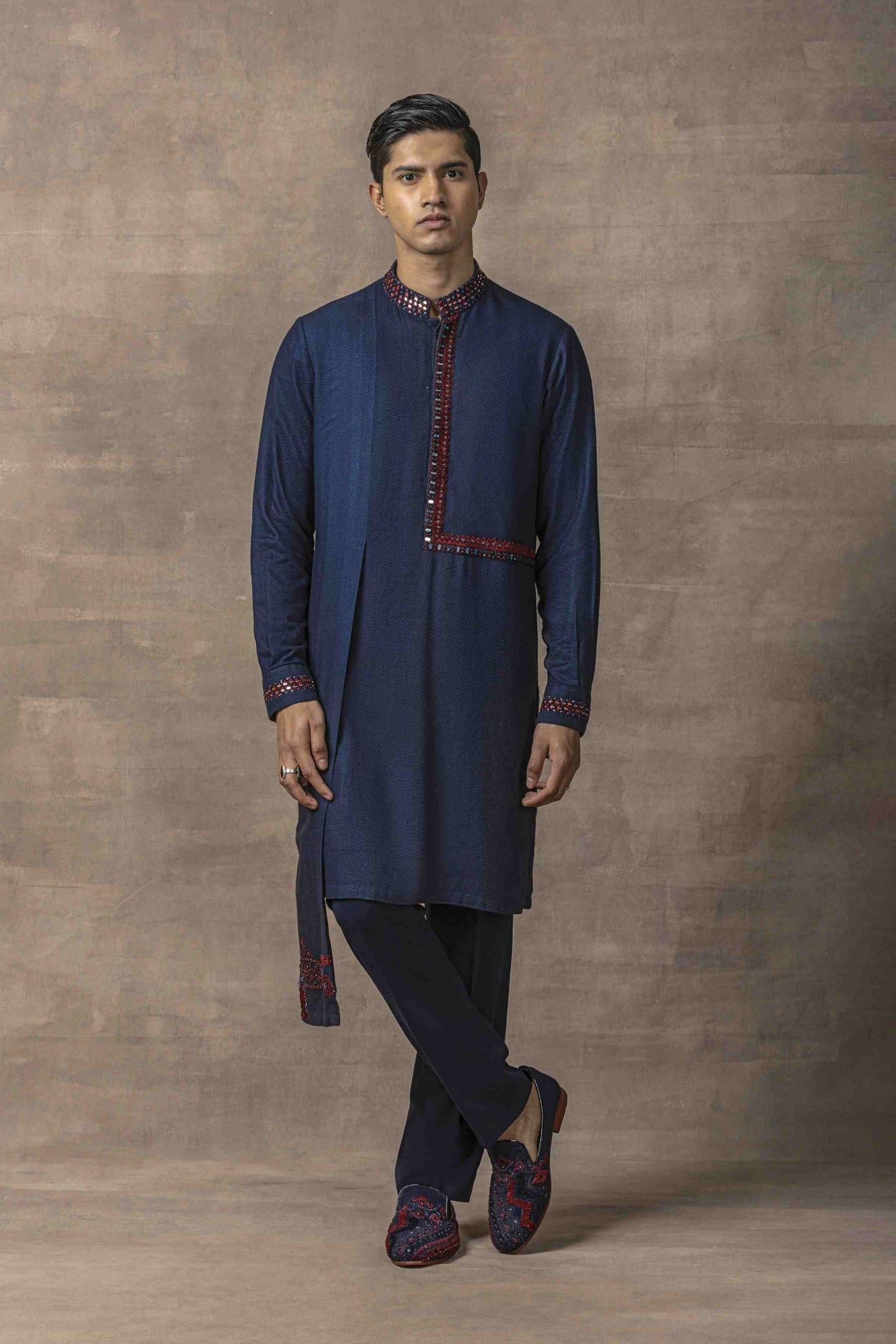 Navy Panel & Red Thread Work Kurta Set