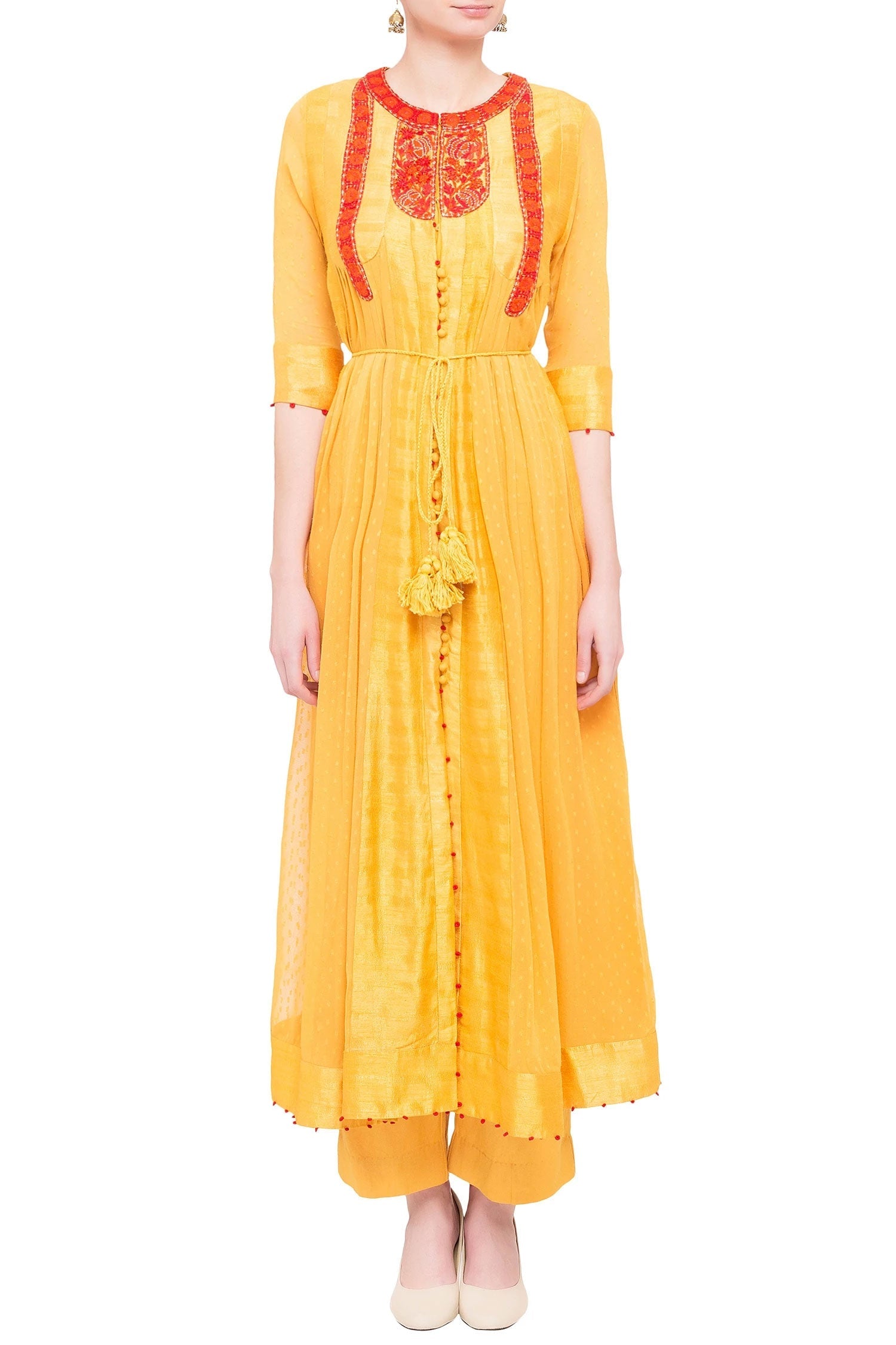 Yellow georgette and viscose silk thread work kurta set