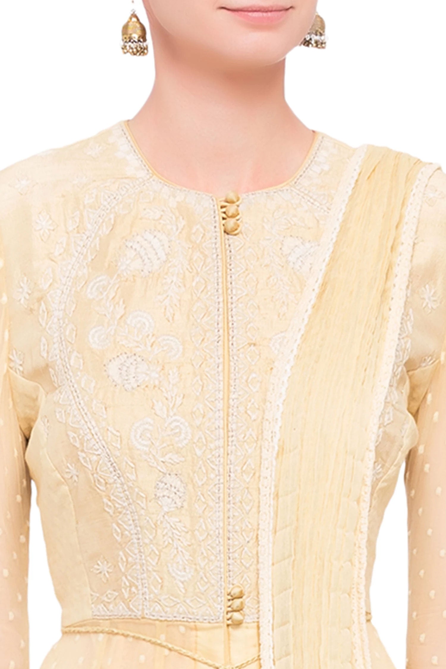 Beige raw silk and georgette thread work anarkali set