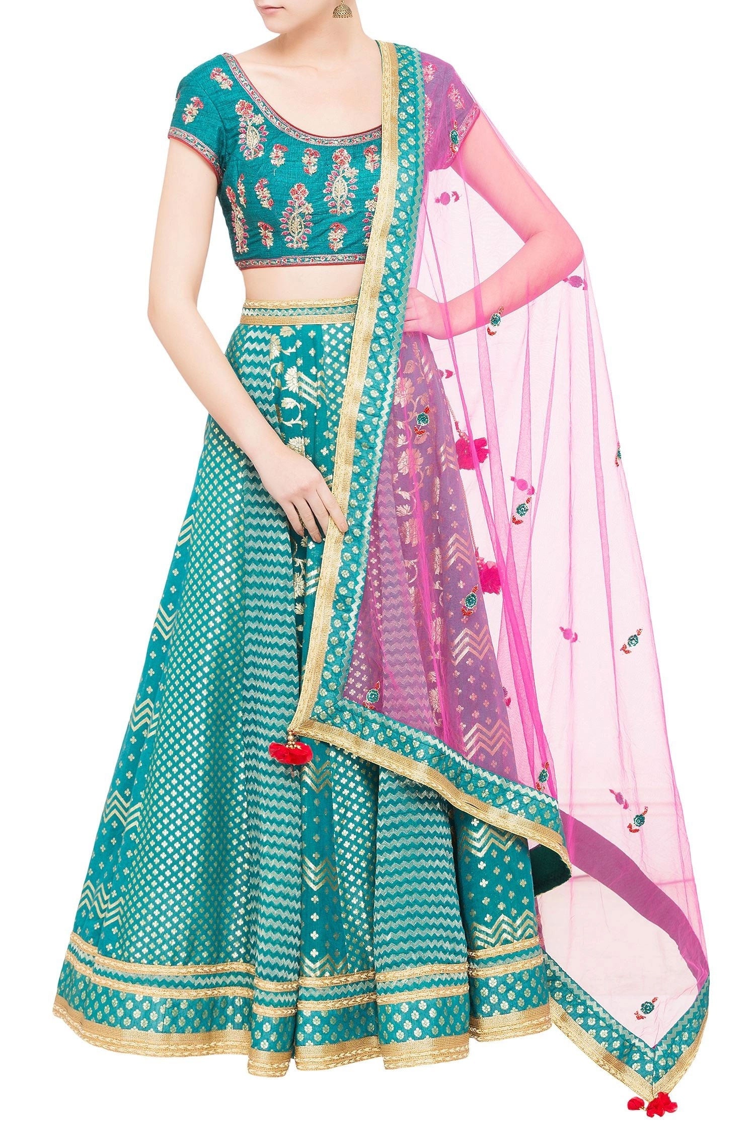 Teal blue chanderi brocade zardozi work lehenga set with pink dupatta
