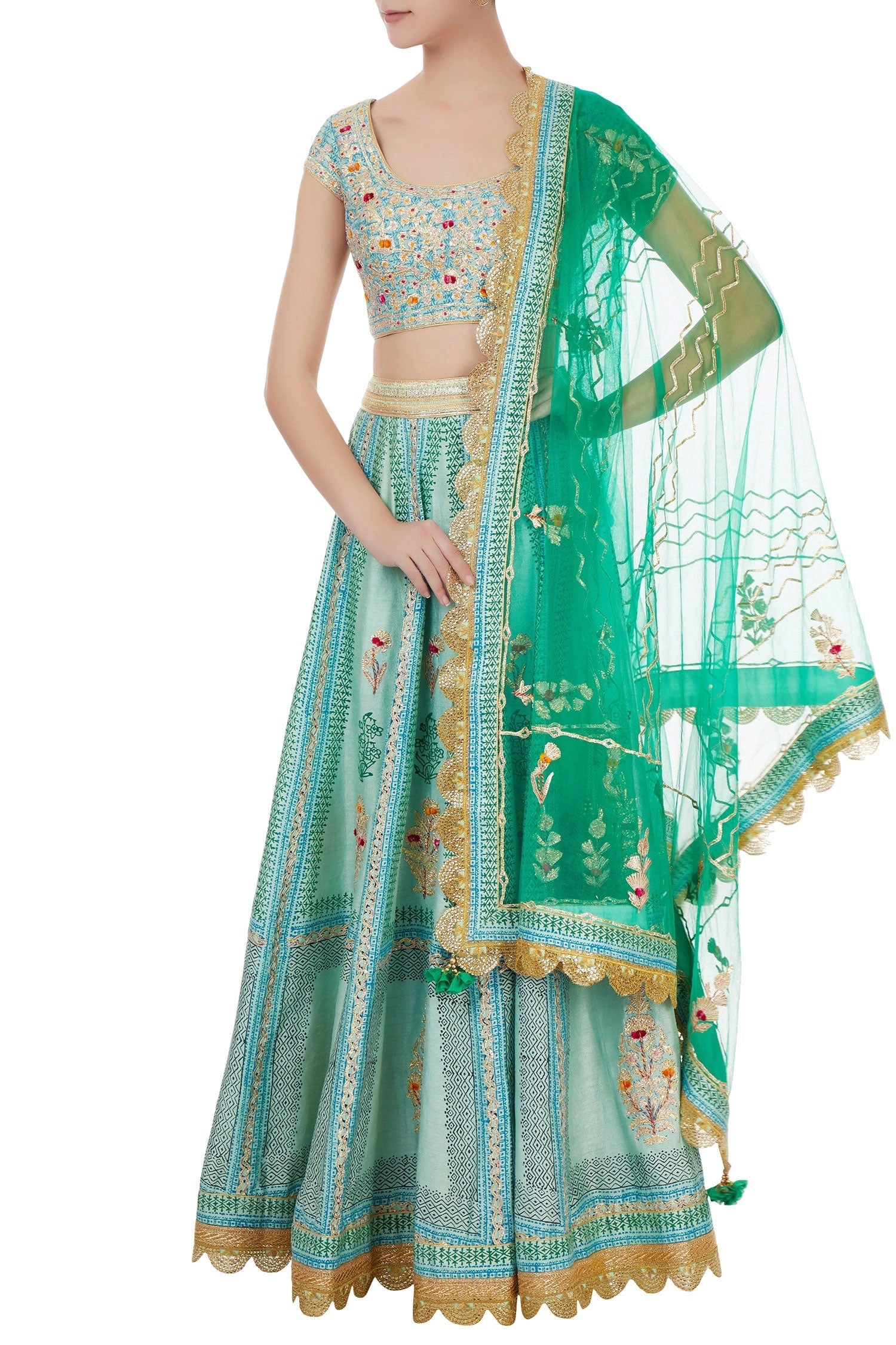 Blue &amp; green gota embroidered lehenga set