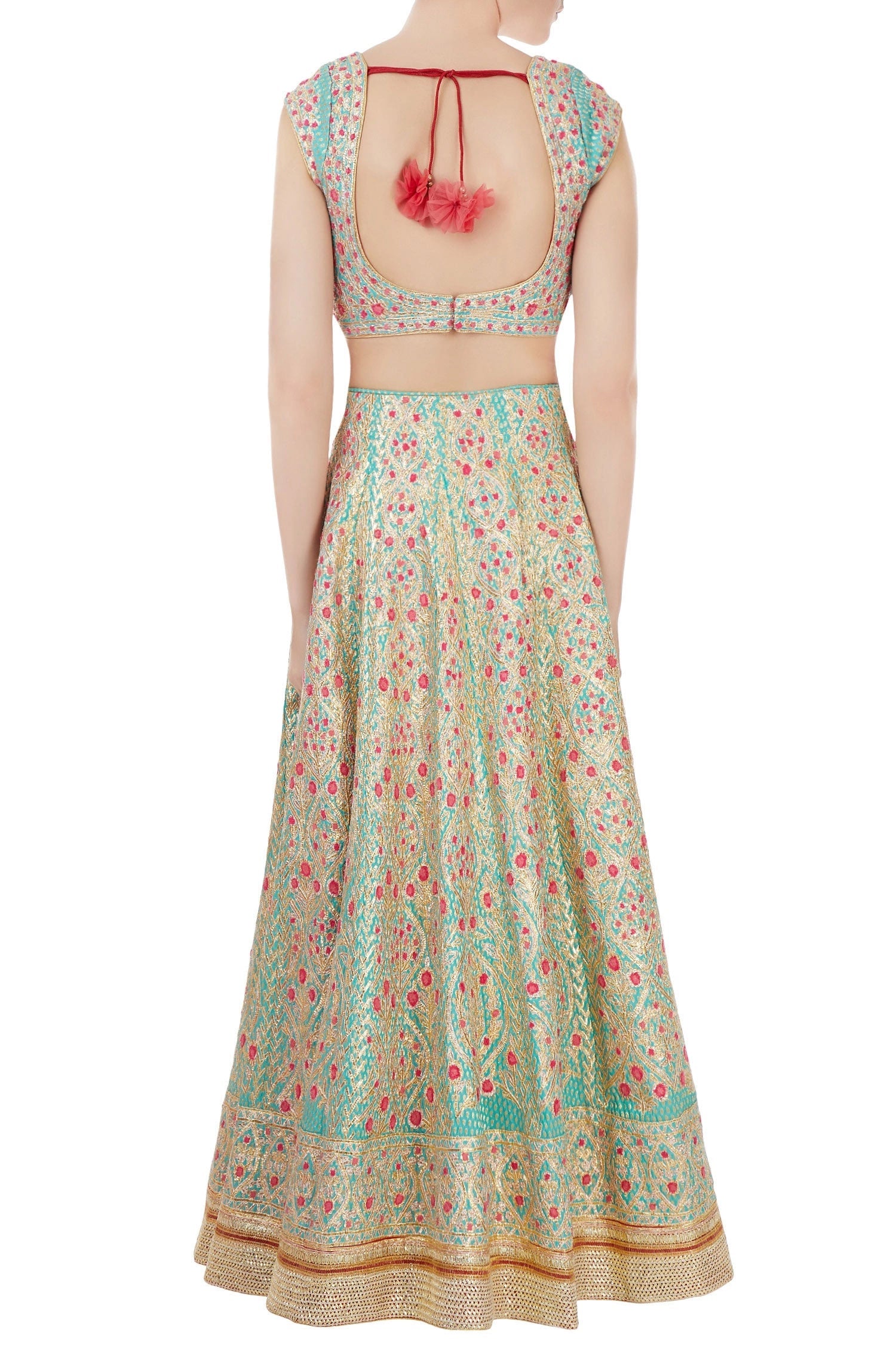Turquoise blue raw silk gota embroidered lehenga set