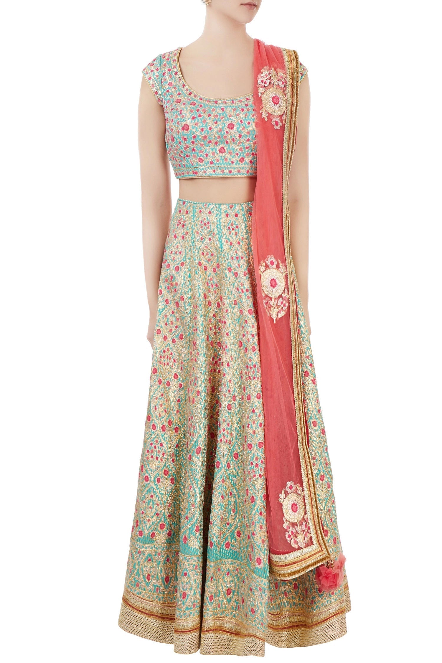 Turquoise blue raw silk gota embroidered lehenga set