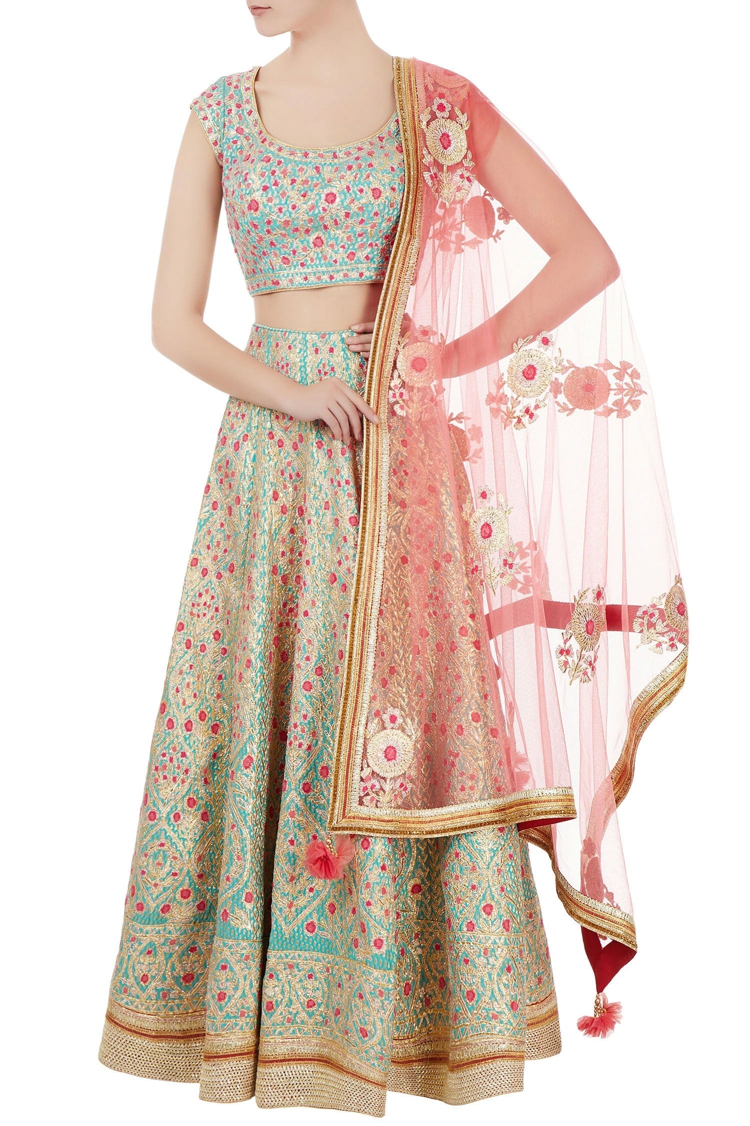 Turquoise blue raw silk gota embroidered lehenga set