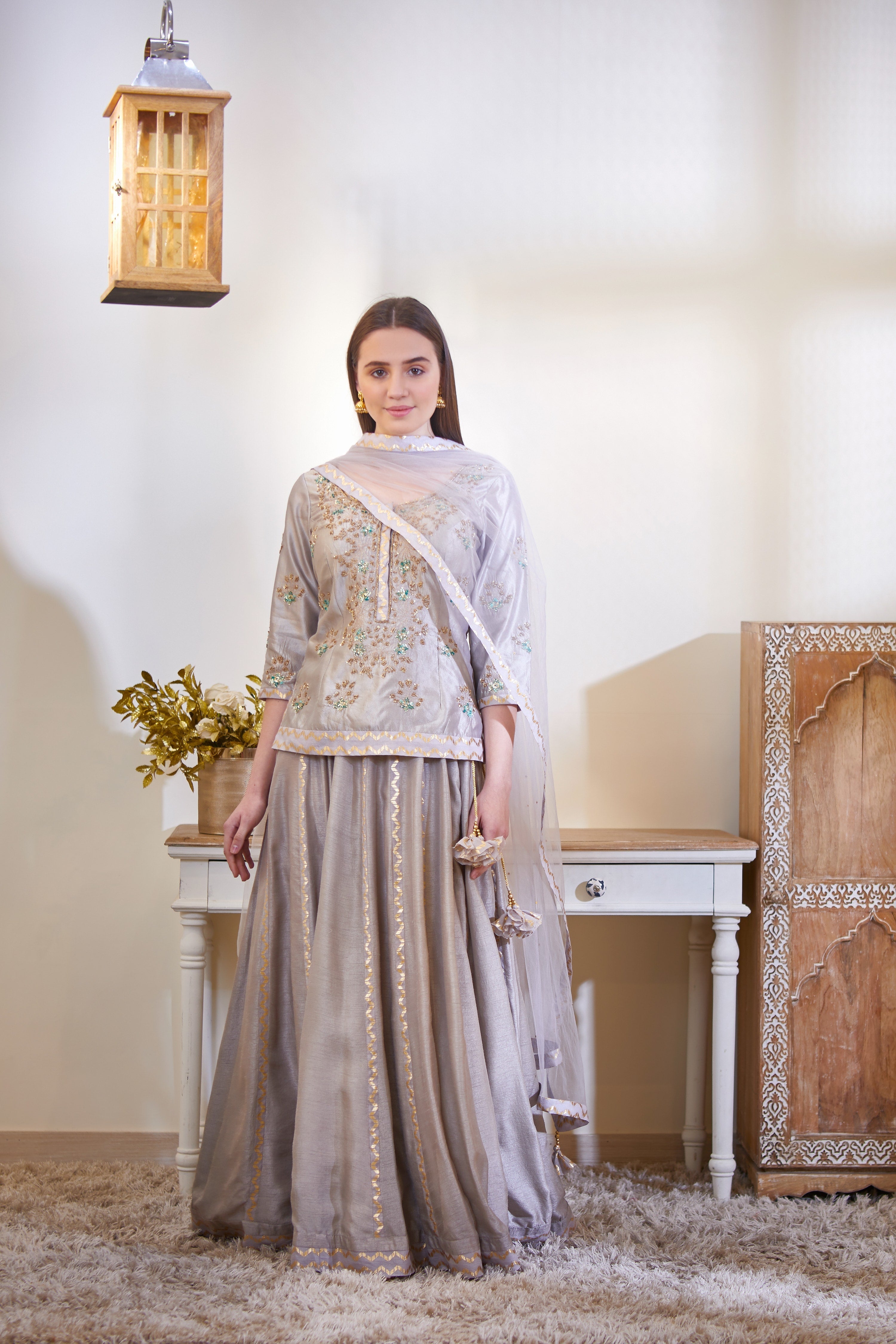Silver Grey Kurta & Skirt Set