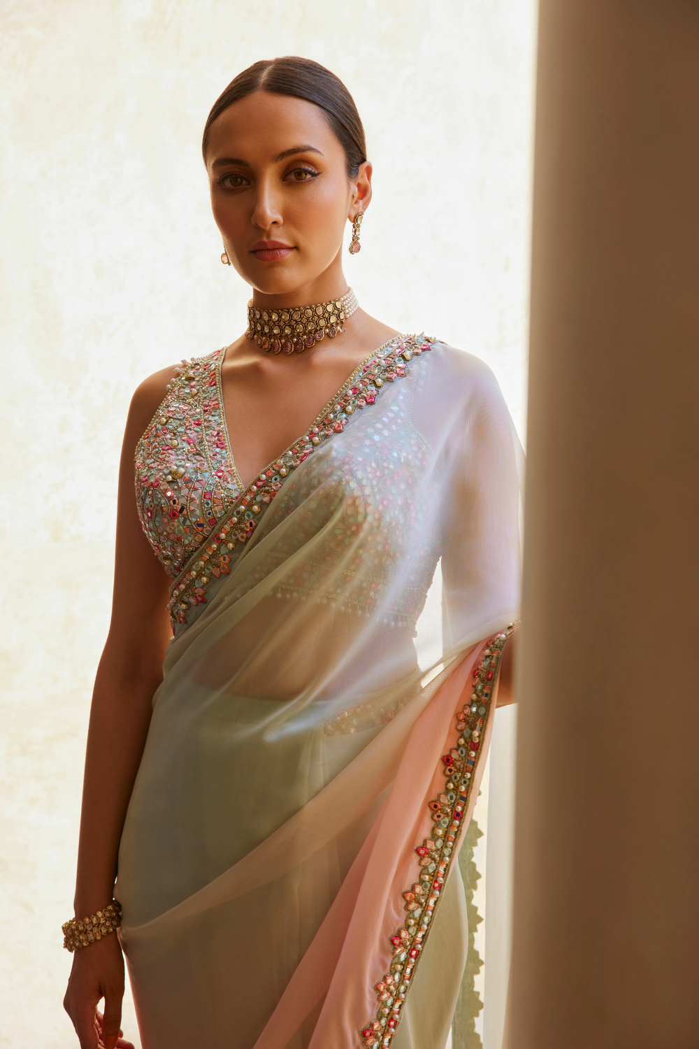 GREEN AND PINK OMBRE ORGANZA SAREE