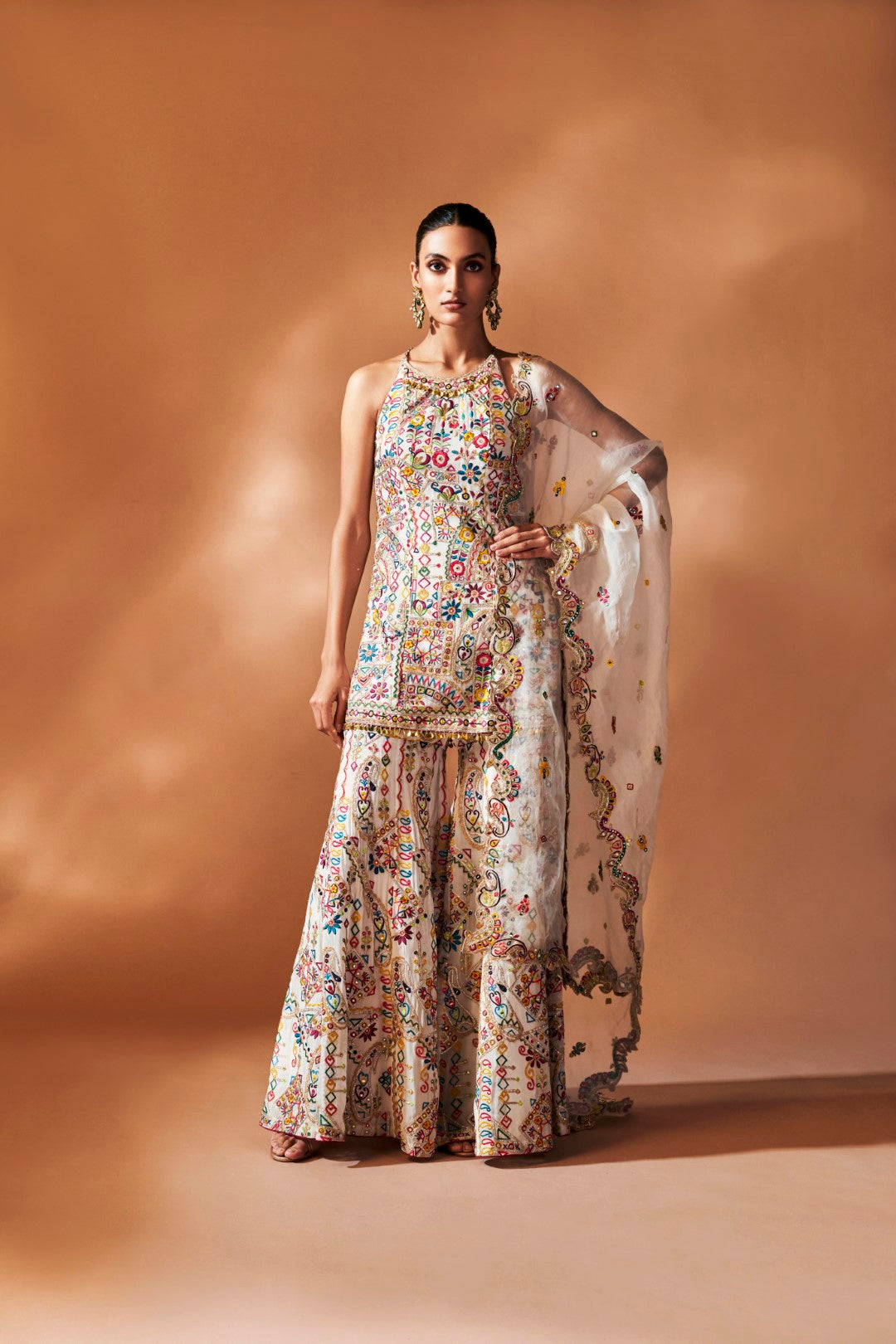 IVORY SHARARA AND HALTER KURTA SET
