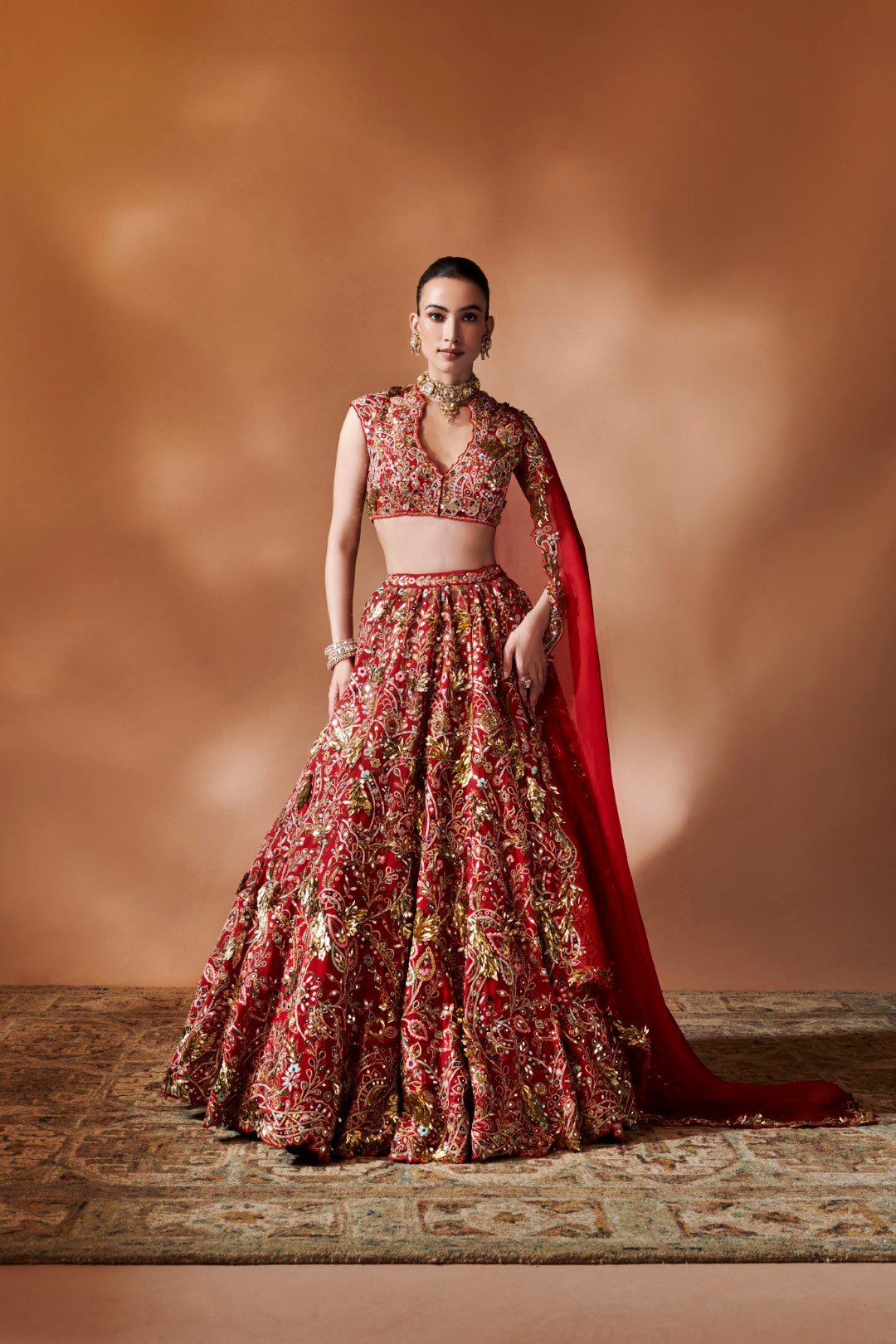 RED HEAVILY EMBROIDERED LEHENGA SET